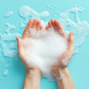 Hands with soap foam on blue background, suitable for hygiene bl Ein paar Hände mit Schaum