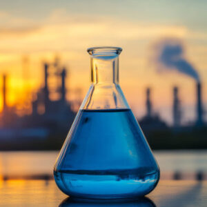 conical flask filled with blue liquid sits on table against vibrant sunset, with industrial factory in background, creating contrast between science and industry Glasflasche mit blauer Flüssigkeit
